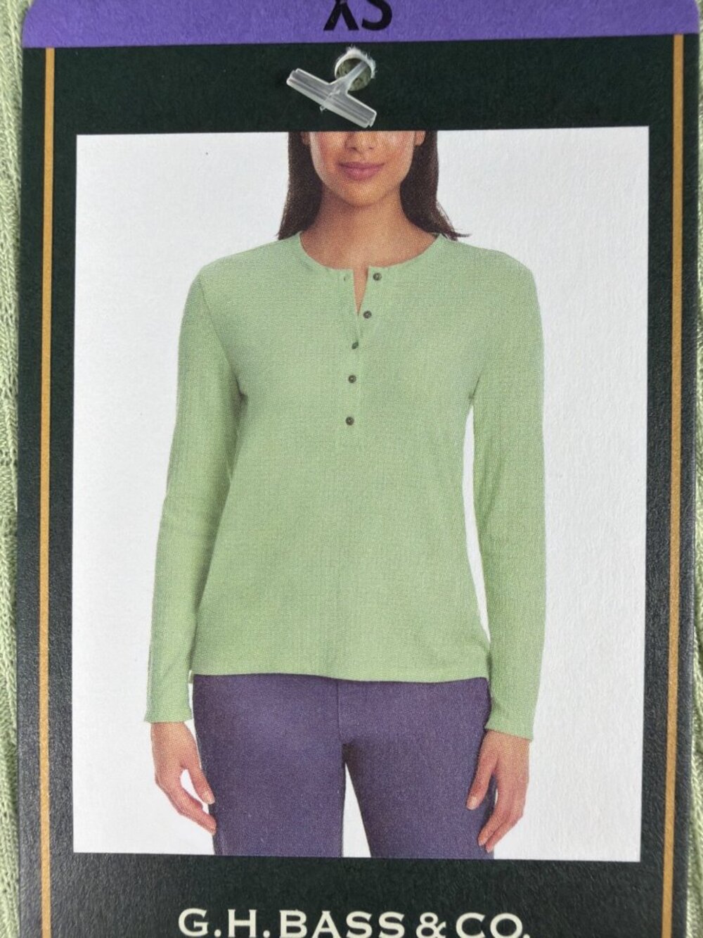G.H. Bass & Co. Womens XS Green Textured Henley Long Sleeve Top - Picture 7 of 8